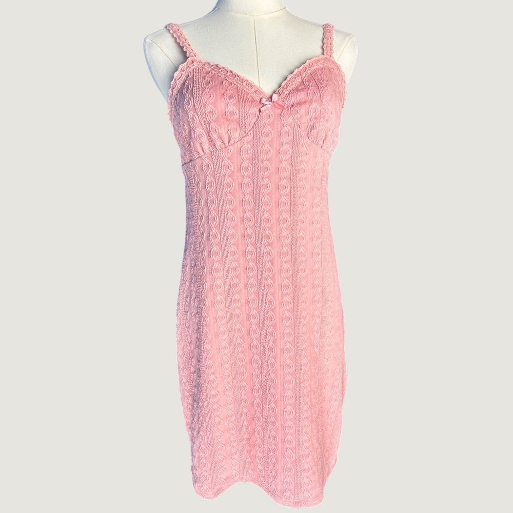 Pink Cable Knit Cami Mini Dress Lace Trim Womens small bodycon slip y2k party